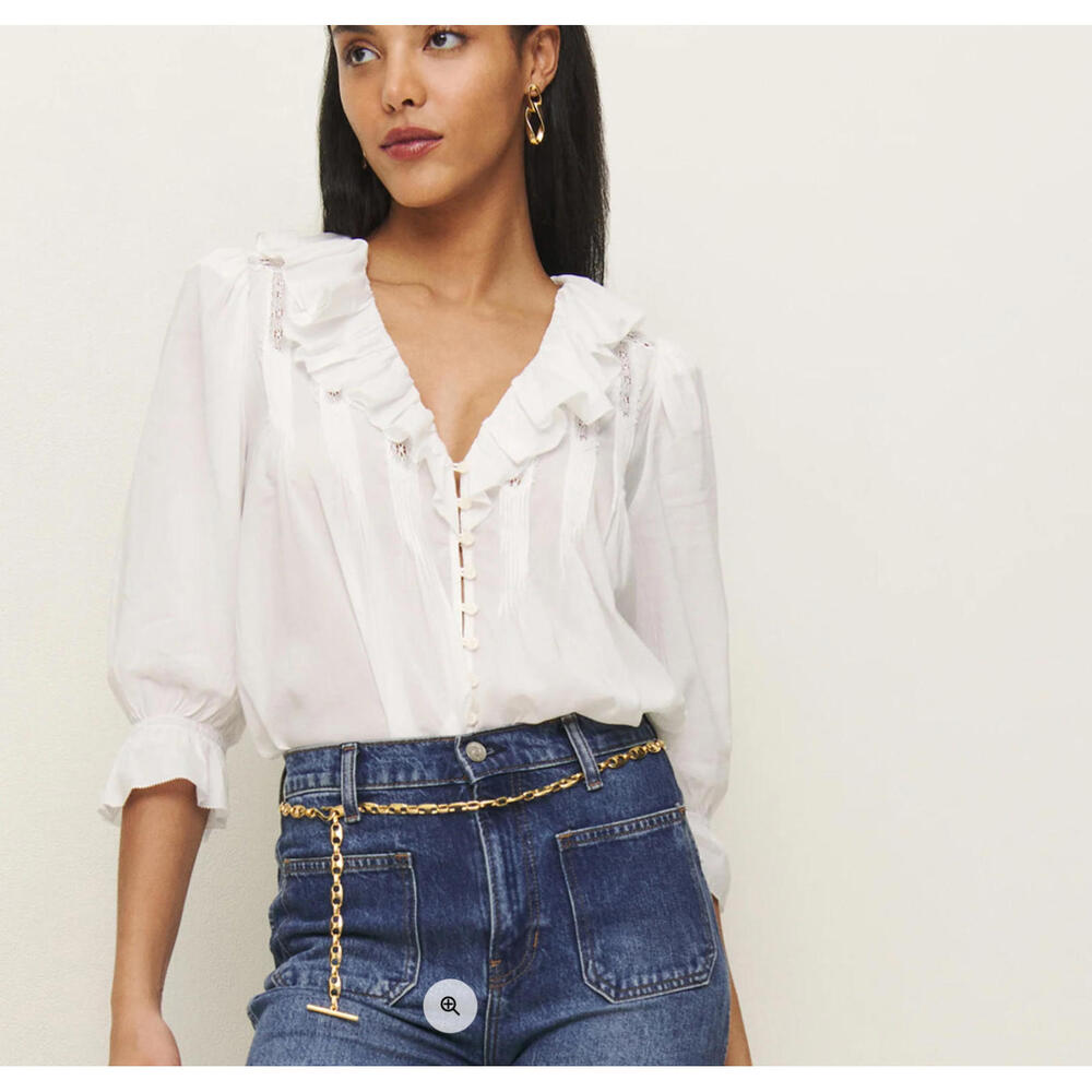 NWT 2025 Reformation White Perry Ruffle Top Blouse Shirt XS